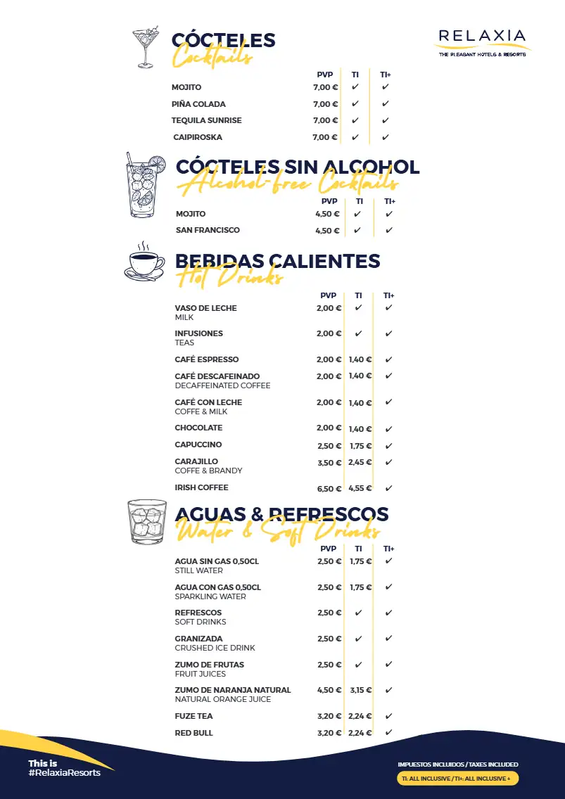 carta bebidas relaxia beverly park