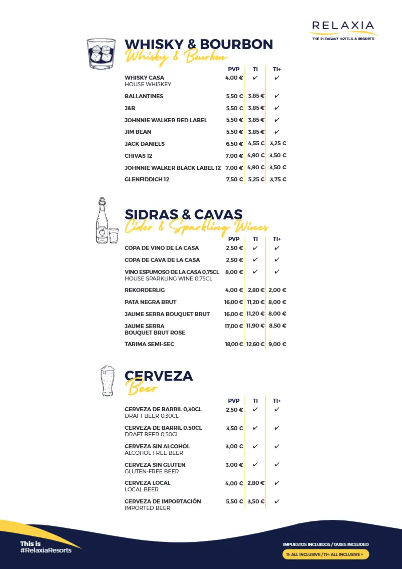 carta bebidas relaxia beverly park